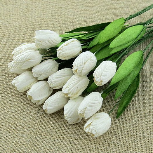 50 WHITE MULBERRY PAPER TULIP FLOWERS WITH LEAF STEMS