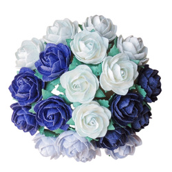 50 CLASSIC ROSES 20 mm MULBERRY PAPER FLOWERS - BLUE MIX 