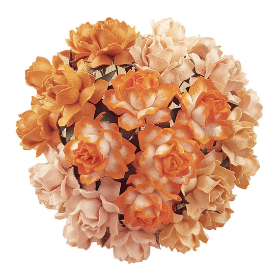 25 MIXED PEACH/ORANGE MULBERRY PAPER COTTAGE ROSES 30mm