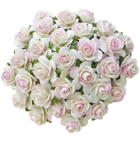 50 2-TONE IVORY/PALE PINK MULBERRY PAPER OPEN ROSES 25 MM