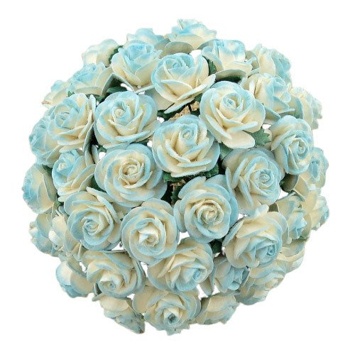 50 2-TONE LIGHT TURQUOISE MULBERRY PAPER OPEN ROSES, 25 mm