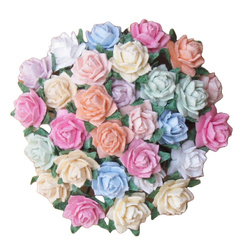 100 MINIATURE MULBERRY PAPER STAR ROSES 12 mm - PASTEL MIX - 10 COLOR 