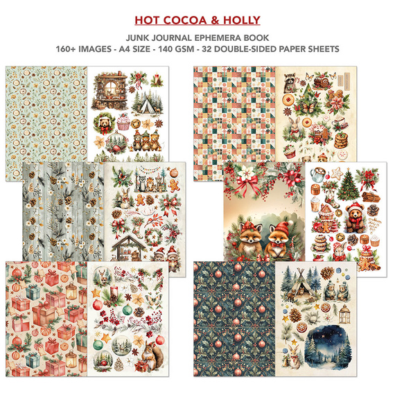 Set of scrapbooking papers A4 - Junk Journal &amp; Ephemera Book - Ciao Bella - Hot Cocoa &amp; Holly