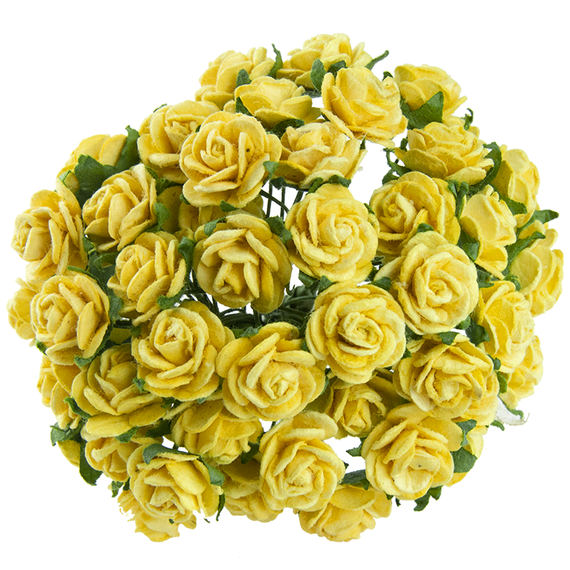 50 YELLOW MULBERRY PAPER OPEN ROSES 15MM