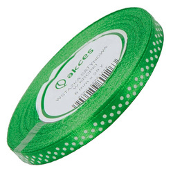 Green satin ribbon with white dots 6mm - 23m