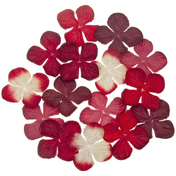 100 MIXED RED TONE HYDRANGEA BLOOMS 25MM