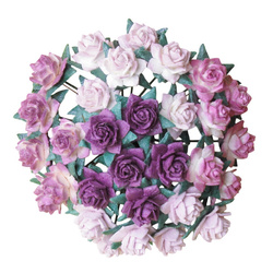 50 MINIATURE MULBERRY PAPER STAR ROSES 12 mm - PURPLE/LILAC MIX
