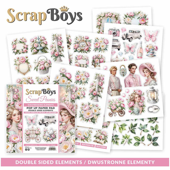 Scrapbooking Craft Papier Set for scrapbooking with 15x15 elements - SCRAPBOYS - Sweet Peonies Pop-Up