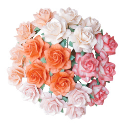 50 MULBERRY PAPER STAR ROSES 25 mm - PEACH/ORANGE MIX