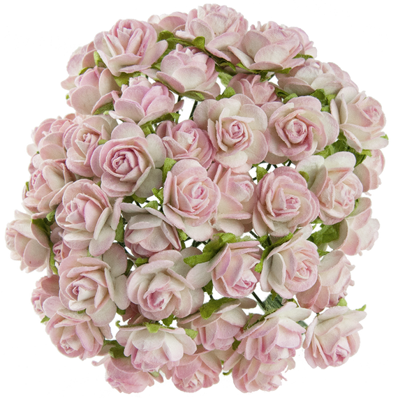 50 2-TONE BABY PINK/IVORY MULBERRY PAPER OPEN ROSES 20MM