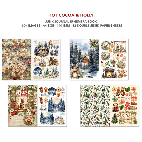 Set of scrapbooking papers A4 - Junk Journal &amp; Ephemera Book - Ciao Bella - Hot Cocoa &amp; Holly