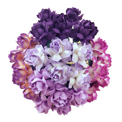 25 MIXED PURPLE/LILAC MULBERRY PAPER COTTAGE ROSES 25mm