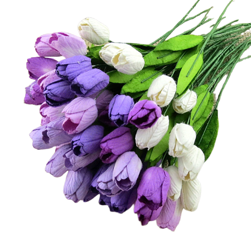 50 MIXED PURPLE/LILAC MULBERRY PAPER TULIP FLOWERS WITH LEAF STEMS