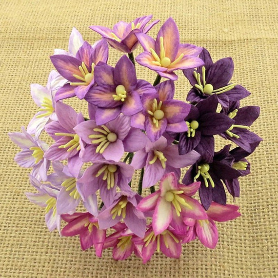 50 MIXED PURPLE/LILAC MULBERRY PAPER LILY FLOWERS