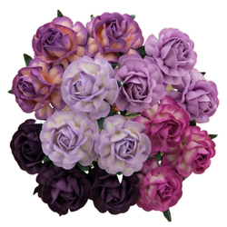 25 MIXED PURPLE/LILAC MULBERRY PAPER TEA ROSES 40mm